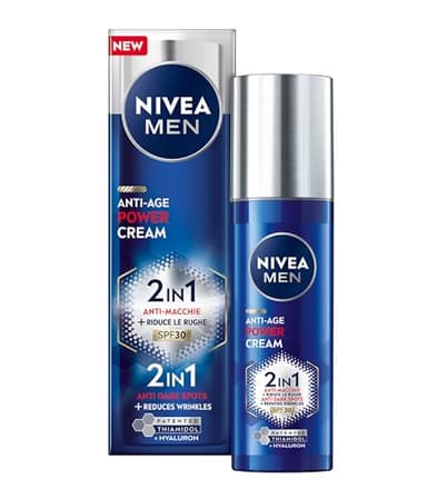 NIVEA MEN Luminous630 Anti-Age Power Cream 2in1 SPF30 50 ml, Crema viso uomo antirughe e antimacchie, Crema viso Acido Ialuronico e Thiamidol brevettato, Skincare uomo quotidiana con SPF 30