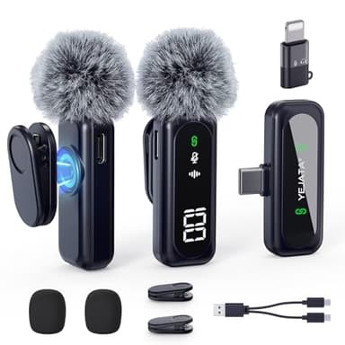 YEJATA Microfono lavalier wireless con display digitale della batteria, omnidirezionale a 360°, cancellazione del rumore, portata 30 m, clip girevole per iPhone 15/16 Android PC iPad Tablet