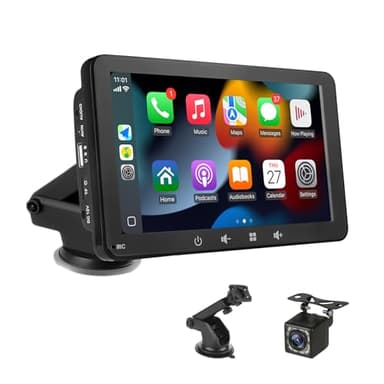 Schermo Auto 7" con Carplay Wireless e Android Auto - Display Portatile con Telecamera Posteriore | FM Trasmettitore, AUX, USB | Plug & Play per la maggior parte delle auto (7 pollici + fotocamera)