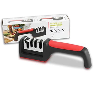 Affilacoltelli e Forbici - Affila coltelli professionale Facile e Veloce con Base Antiscivolo - Utensili da cucina – Affila Coltelli e Forbici a 3 Fasi Manuale da Cucina Professionale (Rosso)