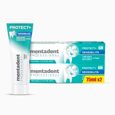 Mentadent Professional Dentifricio Protect+ Sensibilità, Dentifricio Denti Sensibili, Remineralizza e Dona Protezione Contro la Sensibilità Dentinale, con Minerali Bio-compatibili e Potassio, 2x75 ml