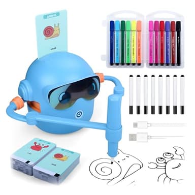 MMOBIEL Robot da Disegno per Bambini Giocattolo Educativo Interattivo con 100 Carte, 12 Pennarelli Colorati, Guida Vocale e Batteria Ricaricabile USB-C – Regalo Creativo per Età 3-9 – Blu (Blu)
