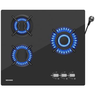 Piano Cottura a Gas 3 Fuochi, WEHIMO Piano Cottura Da Incasso, Pianos Cottura Gas 60cm, 7750W, Protezione Flame-Out, Gaz Naturale/Propano/Butano, Vetro Nero