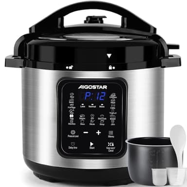 Aigostar Pentola a Pressione Elettrica 18-in-1 Pressure Cooker, 6 Litri Pentola Programmabile 24 ore, 3 Pressioni, 1000W Pannello LED Multicooker per Yogurt, Cuoci, Riso, Slow Cooker, Sauté, 1000W