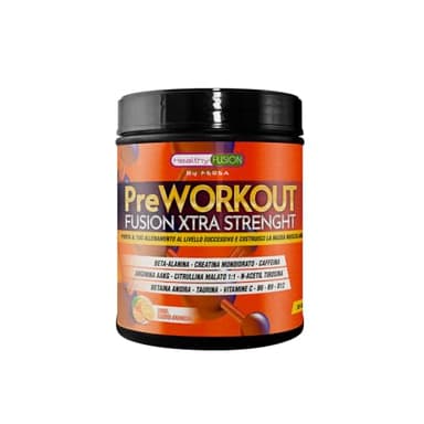 Healthy Fusion Pre workout Potente Pre-Allenamento | Beta Alanina + L-Arginina AAKG + Creatina + Caffeina + Taurina| Promuove lo sviluppo muscolare | Aumenta il rendimento fisico Gusto Arancia 300g