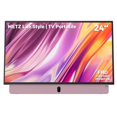 Metz TV Portatile, MPE7300Z, 24", Batteria Incorporata, Ricarica Auto 12V e Power Bank, Anti-glare, LED, FHD Smart, Google TV, HDMI, USB, Bluetooth, Wifi 5, Uscita Antenna, Rosa