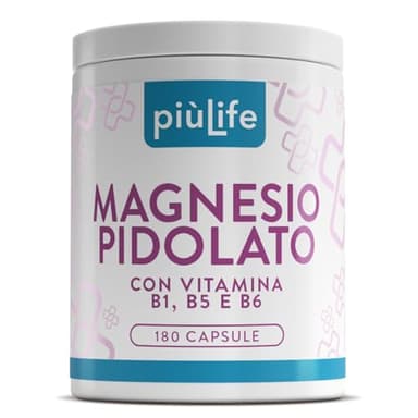 Magnesio Pidolato Puro Con B1, B5, B6 PiùLife, Forma Organica Biodisponibile, Sale Di Magnesio dell’Acido Pidolico, Benessere Fisico e Mentale, Ricarica per il Corpo, 180 Capsule Vegetali
