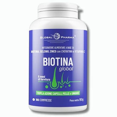 Biotina 450mcg Cheratina e Zinco | 180 Compresse | Integratore Capelli Donna e Uomo con Vitamina C Selenio | Unghie Pelle | Made in Italy | Global Pharma