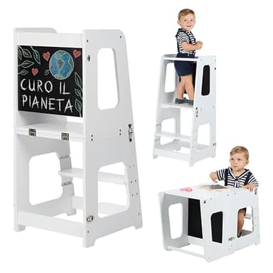 KYWAI® Torre Montessoriana Bambini Premium 3 en 1 Convertibile in Scrivania e Sgabello - Torre Montessoriana Pieghevole - Azienda Sostenibile Impegnata nella Riforestazione, Struttura Solida (Bianco)