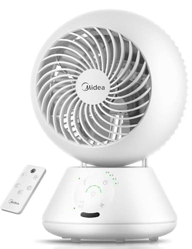 Midea MDF24JRW Ventilatore da Tavolo 28dB, Diametro 20 cm per Circolazione Aria, Portata 18m, Oscillazione 120°+105°, 5 Velocità Regolabili, Timer 15H con Telecomando, Per Camera e Ufficio, Bianco