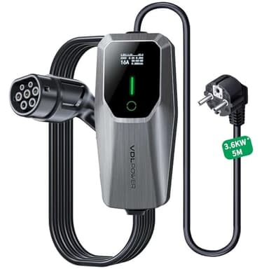 VDLPOWEREU Cavo Ricarica Auto Elettrica, 3,6 KW EV Caricatore Tipo 2, 5m Caricabatterie Elettrico per Auto, 6-16 A con Spina EU Schuko, terminale di Ricarica monofase IP65 (IEC 62196-2)