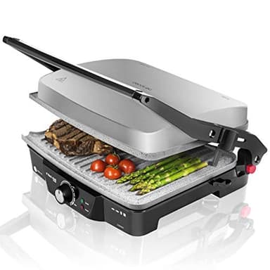 Cecotec Griglia elettrica Rock'nGrill 2000. Rivestimento antiaderente RockStone, 180º, altezza regolabile, superficie cucinata 30x23,5 cm, include raccoglitore di grasso, 2000 W