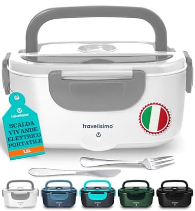 TRAVELISIMO Scaldavivande Elettrico Portatile, 80W 1,5L Portavivande Termico, 220V/12V/24V Scalda Vivande Portatile Elettrico per Viaggio e Lavoro - Borsa Termica Elettrica & Porta Vivande Termico