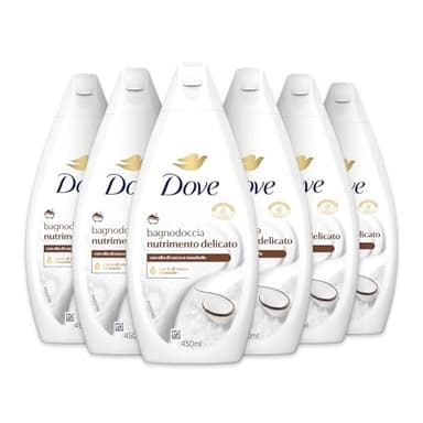 Dove Bagnodoccia Nutrimento Delicato, Idratante Dermo-Naturale, Olio di Cocco, 1/4 Crema Idratante, Dermatologicamente Testato, Bagnoschiuma Uomo e Donna, 100% Bottiglia Riciclata* 6 Pezzi x 450 ml