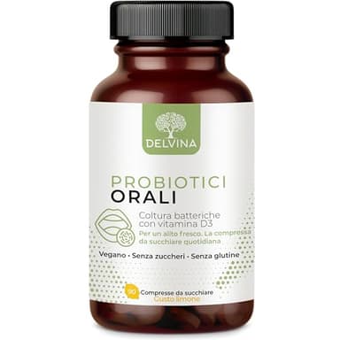 DELVINA Combatti l'Alitosi - 90 Pastiglie vegane per l'Igiene Orale senza Collutorio né Puliscilingua - Alito Fresco - Colture Batteriche con Vitamina D3 contro l'Alitosi, Limone, Scorta di 3 Mesi