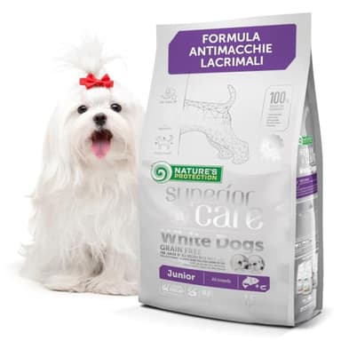 Nature’s Protection Superior Care Crocchette Cani ad Alto Contenuto Proteico - Cibo per Cani Junior Bianchi Ipoallergenico con Salmone - Omega 3 e 6 - Contro le Macchie da Lacrimazione (1,5 kg)