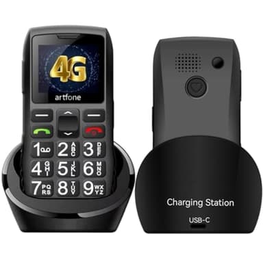 artfone C1+4G Telefono Cellulare per Anziani con Tasti Grandi丨Funzione SOS丨Chiamata Rapida丨Base di Ricarica丨Funzione di orario丨Batteria da 1800 mAh丨LTE Cellulare per anziani丨Radio丨USB - C - Nero