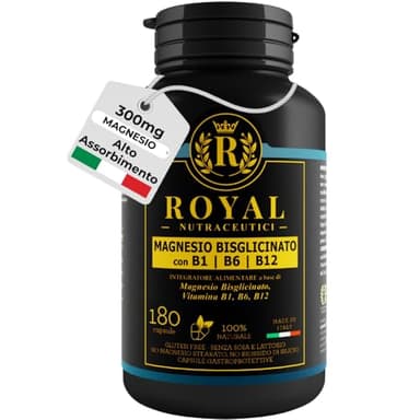 Magnesio Bisglicinato 300 mg + Vitamina B12 B6 B1 | Forma Chelata e Alta Biodisponibilità | Energia, Sistema Nervoso, Muscoli | 180 Capsule Vegan | Made in Italy ROYAL NUTRACEUTICI