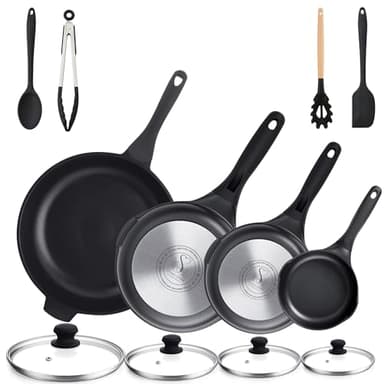 Stone&Stone Set 4 Padelle Antiaderenti 20cm/24cm/28cm/32cm, Batteria di Padelle Professionale, Induzione e Gas, Rivestimento Tedesco Super Antiaderente, Senza PFAS, PTFE e PFOA + 4 Coperchi 4 Utensili