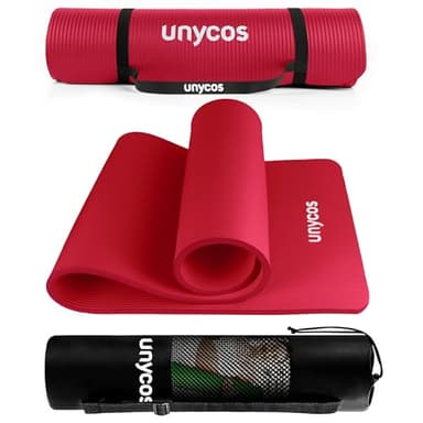 unycos - Tappetino Antiscivolo da Yoga, Pilates e Ginnastica Extra Spesso 10 mm, 183x60 cm | 72,04"x23,62" Materassino Fitness, Schiuma NBR, Tracolla, Borsa, E-Book di 50 Esercizi (Rosso)
