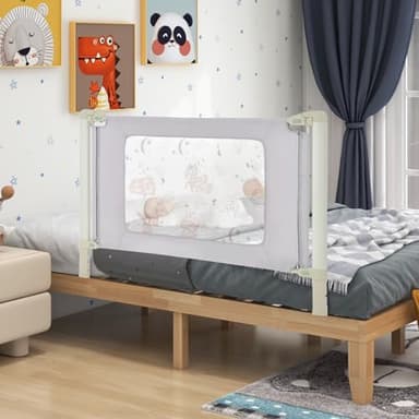 GYMAX Sponda Letto per Bambini, Barriera a Scomparsa Sollevata Verticalmente, Altezza Regolabile e Doppia Chiusura, Tessuto Morbido, Grigio (150 cm, Stile 2)