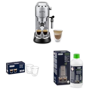 De'Longhi Dedica EC 685.M Macchina per caffè espresso portafiltro, Argento + Bicchiere per caffè espresso isolato Set di 2 + Decalcificante | Anticalcare universale per 4 cicli di disincrostazione