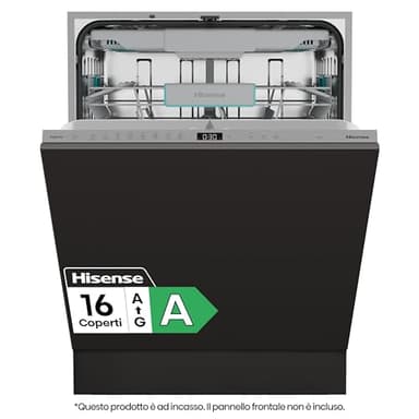 Hisense HV16A - Lavastoviglie, 16 coperti, 3 cesto, 8 programmi, motore inverter, partenza ritardata, total dry, Intensive Clean Zone, touch, incasso