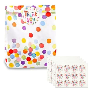 AMFUN 50 Pezzi Sacchettini Compleanno Bambini, Bustine Regalini Fine Festa Bambini, Sacchetti di Carta Resistente all'Olio con 60 Adesivis per Matrimoni, Natale, Feste, 19 * 13cm