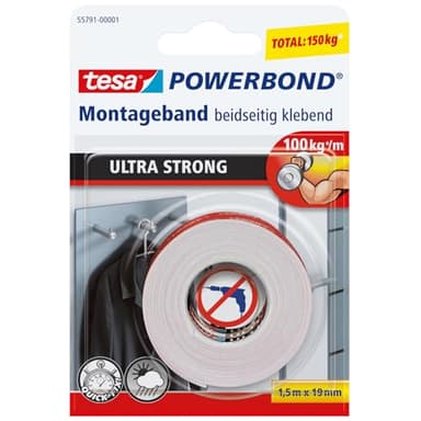 tesa Powerbond ULTRA STRONG - Nastro di montaggio biadesivo extra forte per uso permanente in esterni e interni - 1,5 m