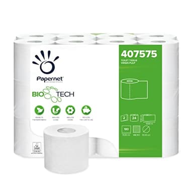Papernet Bio Tech - Carta Igienica, 1 Confezione da 24 Rotoli in Pura Cellulosa da 19,8 m Ciascuno, Combatte Naturalmente i Batteri Patogeni, 2 Veli, 180 Strappi da 9,5x11cm