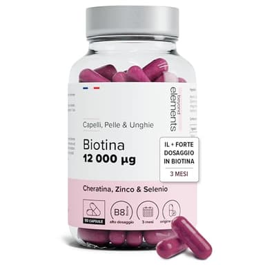 Biotina 12.000 µg Alto Dosaggio con Cheratina, Selenio e Zinco – Integratore Alimentare per Crescita di Capelli, Pelle e Unghie – Trattamento 3 Mesi – 90 Capsule Vegetali – Beyond Elements