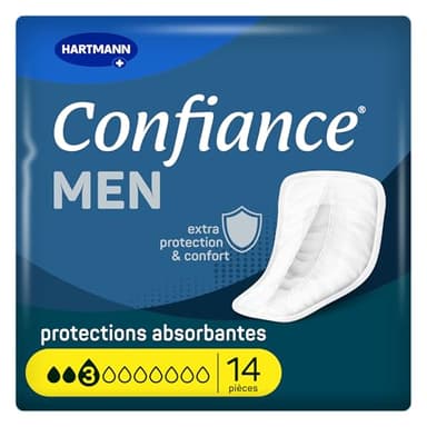 Confiance Uomini – Piccole protezioni anatomiche assorbenti per uomini – Discreto – Grado di assorbimento = 3 gocce (debolezza media della vescica) – pH neutro – 14 unità