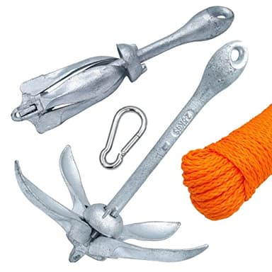 Shop SoftAir® Kit Ancora a Ombrello Pieghevole in Acciaio Zincato Cima Galleggiante 30 Metri Levilene Arancione Ormeggio e Moschettone in Acciaio Inox Aisi 316 (Ancora 1,5Kg + Cima 6mm + Moschettone)