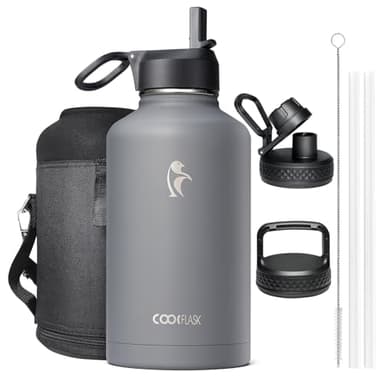 Coolflask Borraccia termica 2 l, 3 coperchi con cannuccia e beccuccio, borraccia sottovuoto in acciaio inox, per sport, viaggi, palestra, 48 ore fredde e calde
