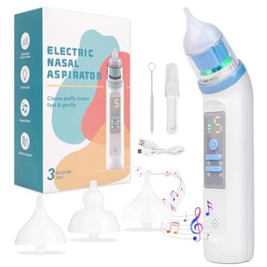 Aspiratore Nasale Neonato Elettrico, Aspiratore Nasale Per Bambini Pro con 5 Livelli di Aspirazione, 3 Punte in Silicone Morbido, Aspirazione Regolabile, per Neonati, Musica e Luce Integrate