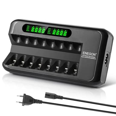 ENEGON Caricabatterie Pile Ricaricabili AA AAA con adattatore CA e display LCD intelligente, 8 cariche indipendenti per batterie NI-MH NI-CD ricaricabili AA AAA