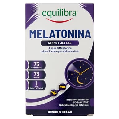 Equilibra Integratori Alimentari, Melatonina, Integratore per Ridurre il Tempo Richiesto per Prendere Sonno, Effetto Benefico Anche in Caso di Jet Lag, a Base di Melatonina, 75 Compresse