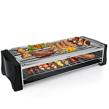 Griglia Barbecue Senza Fumo Barbecue Piastra Elettrica da Tavolo, Grill Elettrico BBQ Doppio Strato con Vassoio Raccogligrasso, Antiaderente Grill per Balcone e Giardino - 2200W