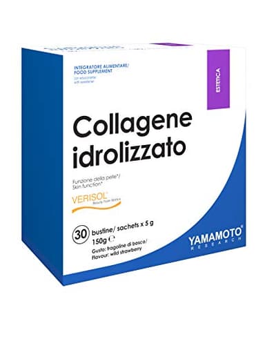 YAMAMOTO RESEARCH, Collagene Idrolizzato Verisol 30 Bustine da 5 gr, Integratore con Collagene, Acido Ialuronico e Vitamina C per la Cura della Pelle, Gusto Fragoline di Bosco