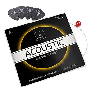 MORIATY® Corde per Chitarra Acustica - Eccellenti Corde in Phosphor Bronzo per Chitarra Acustica (set di 6 corde) | INCLUSI: 4 plettri + 1 corde Mi extra