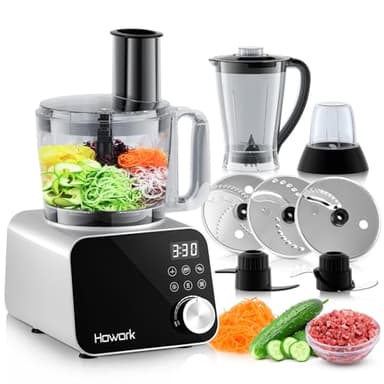 Howork Robot da Cucina multifunzione 1500W, Multifunzione di Grande Capacità, Per Tritare, Affettare, Sminuzzare, Tritare, Frullare, Sminuzzare,Farcire e Impastare, Acciaio Inox Argenteo