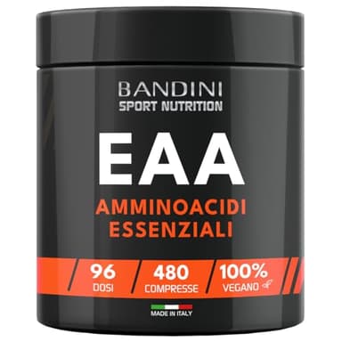 Bandini® EAA Aminoacidi Essenziali 480 COMPRESSE - Con 9 Amminoacidi Intra Pre e Post Workout - Integratore alimentare per lo Sport - Essential Amino - Essenziale, Vegan e senza zuccheri - 96 Dosi