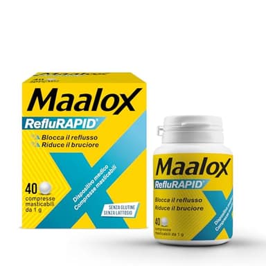 Maalox Reflurapid Blocca il Reflusso Gastroesofageo, Riduce Bruciore e Acidità di Stomaco, anche in Gravidanza - con Bicarbonato di Sodio, Senza Glutine, Senza Lattosio (40 Compresse Gusto Menta)