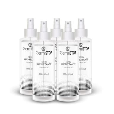 GERMISTOP Igienizzante Mani 5x200ml con Alcool 80% e Glicerina, Spray Igienizzante Superfici con Formula Potenziata
