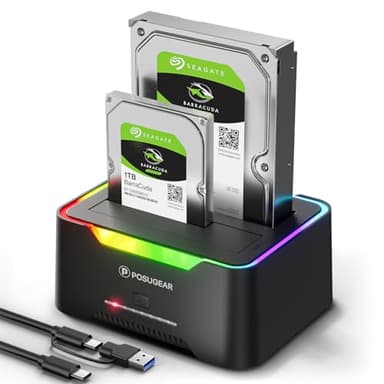 POSUGEAR Hard Disk Docking Station USB 3.2 Gen 1 per HDD/SSD SATA da 2,5 e 3,5 Pollici, Doppio Alloggiamento Dock per Disco Rigido Fino a 40TB con UASP e Cavo 2-in-1 Supporto Clonazione Offline