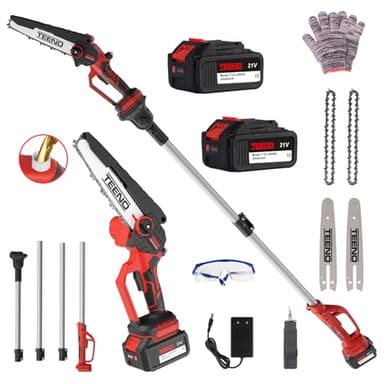 TEENO Segatrice elettrica, segatrice elettrica 2 in 1, asta telescopica - staccabile - regolazione a 180°, 6 pollici, 2 batterie da 4000 mAh, 2 piastre di guida, 2 catene