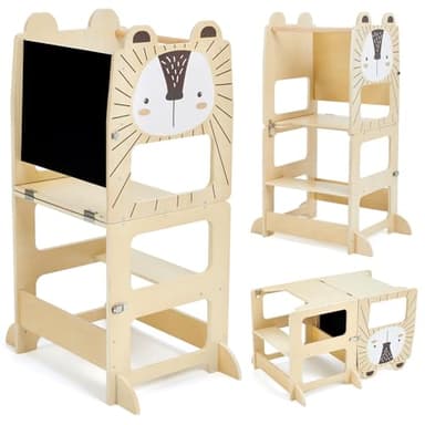 labebe torre montessoriana bambini（Altezza 92 cm）, grandi dimensioni torre montessoriana pieghevole in legno, 3 in 1 set di scrivania e sedia per bambini trasformabile con lavagna