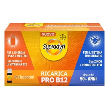 Supradyn Ricarica PRO B12, Integratore con Vitamina B12, Zinco e Probiotici, per la Stanchezza Fisica e Mentale e il Supporto al Sistema Immunitario dopo i 50 anni, Adulti 50+, 10 flaconcini