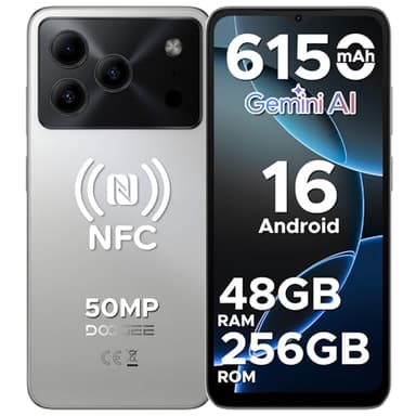 DOOGEE Note 56 Plus Smartphone Android 16, 48GB+256GB/TF 2TB Cellulari, 50MP+8MP, 6150mAh Telefono Cellulare, 6.56" 90Hz Octa-Core Telefoni, Fingerprint/Face ID/4G Dual SIM/Widevine L1/NFC - Argento