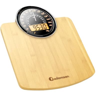 Adamson Bilancia Pesapersone Ibrida + Digitale & Analogica 2-in-1 - Fino a 180 kg - Ampio Display con Retroilluminazione + Robusto Vetro Temperato + Lettura Facile + NUOVO + Legna